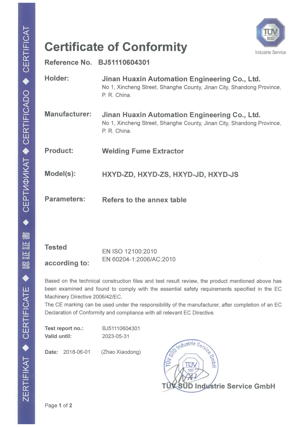 Signal Arm Welding Fume Extractor/Dust Collector for One Welding Station