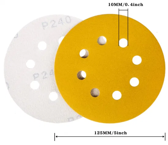 Disco de lija amarillo de 4 pulgadas, 8 agujeros, disco abrasivo de papel de lija de óxido de aluminio de 5